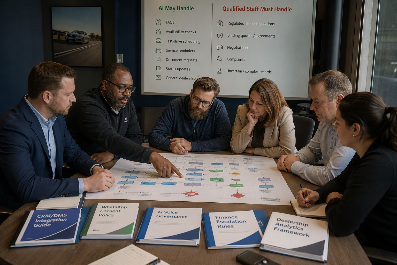 A cross-functional workshop in a dealership conference room, showing a sales manager, service director, IT specialist,
