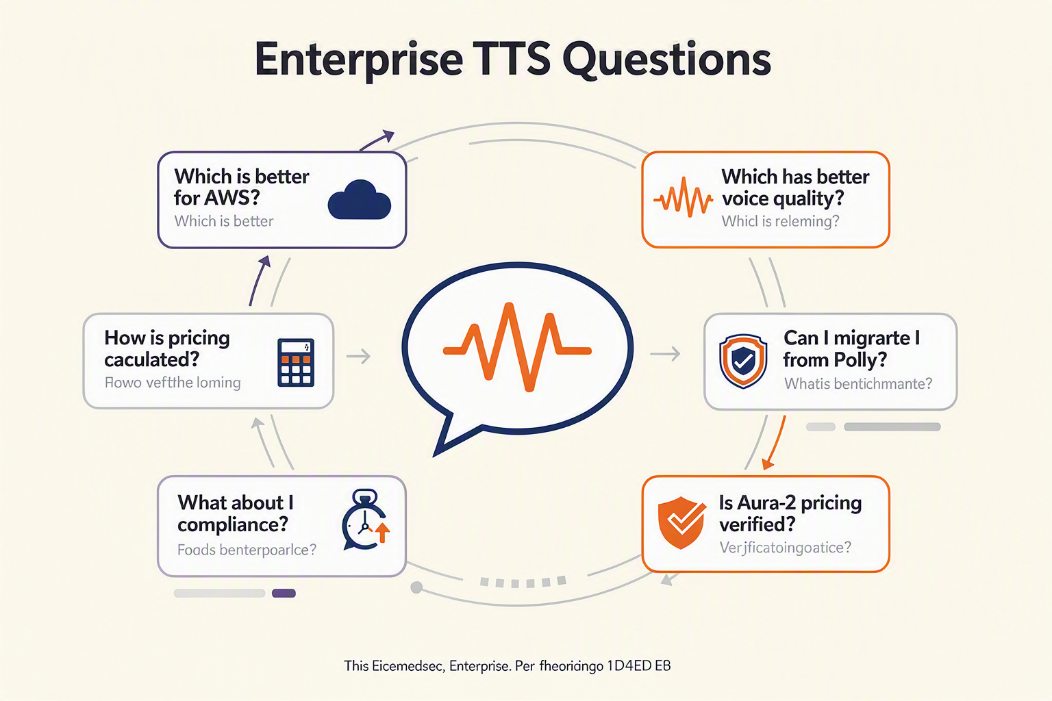 أنشئ رسمًا توضيحيًا مصقولًا لأسئلة شائعة بعنوان Enterprise TTS Questions بالضبط، مع رمز فقاعة كلام مركزي وسبعة