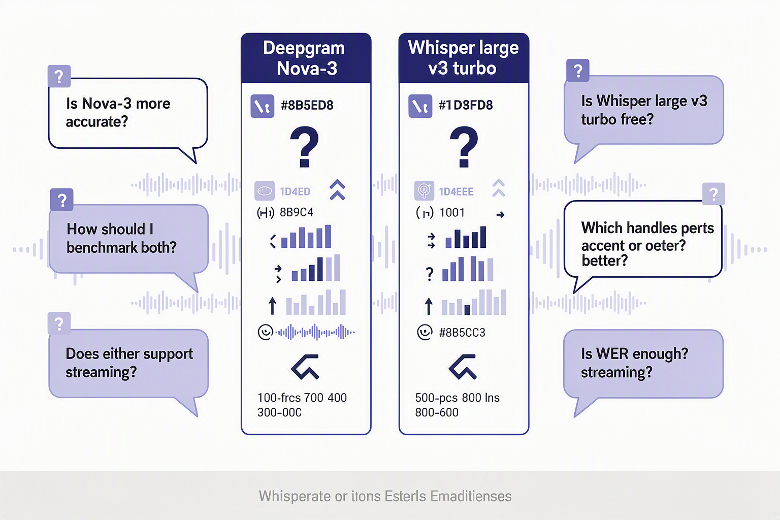 Create a FAQ infographic with two friendly but technical columns labeled exactly Deepgram Nova-3 and Whisper large v3 turbo,