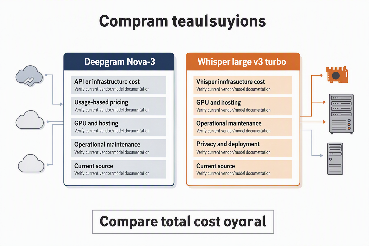 Design a pricing comparison infographic with two large side-by-side cards titled exactly Deepgram Nova-3 and Whisper large