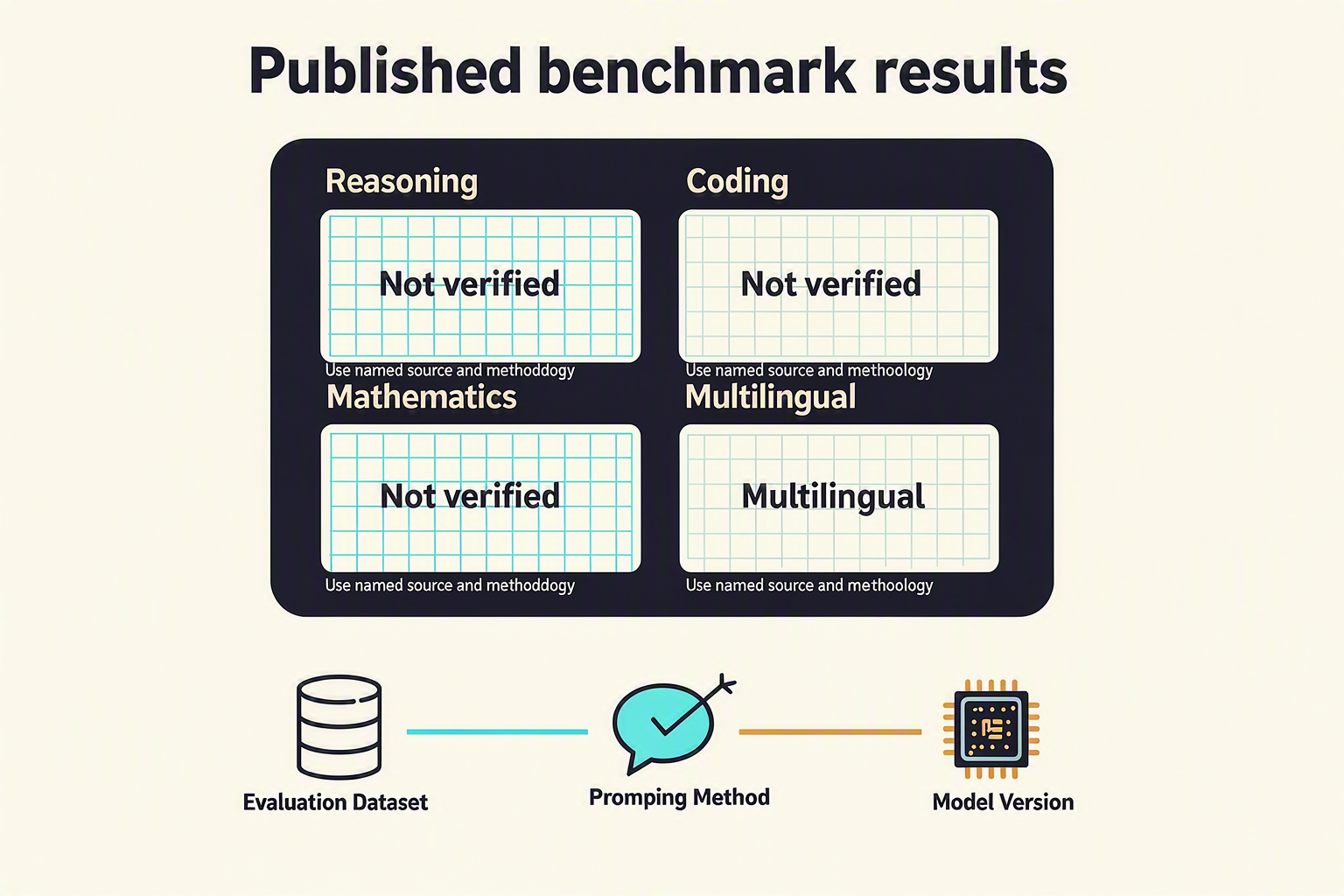 A benchmark audit infographic featuring a dark presentation screen with empty chart grids for reasoning, coding,