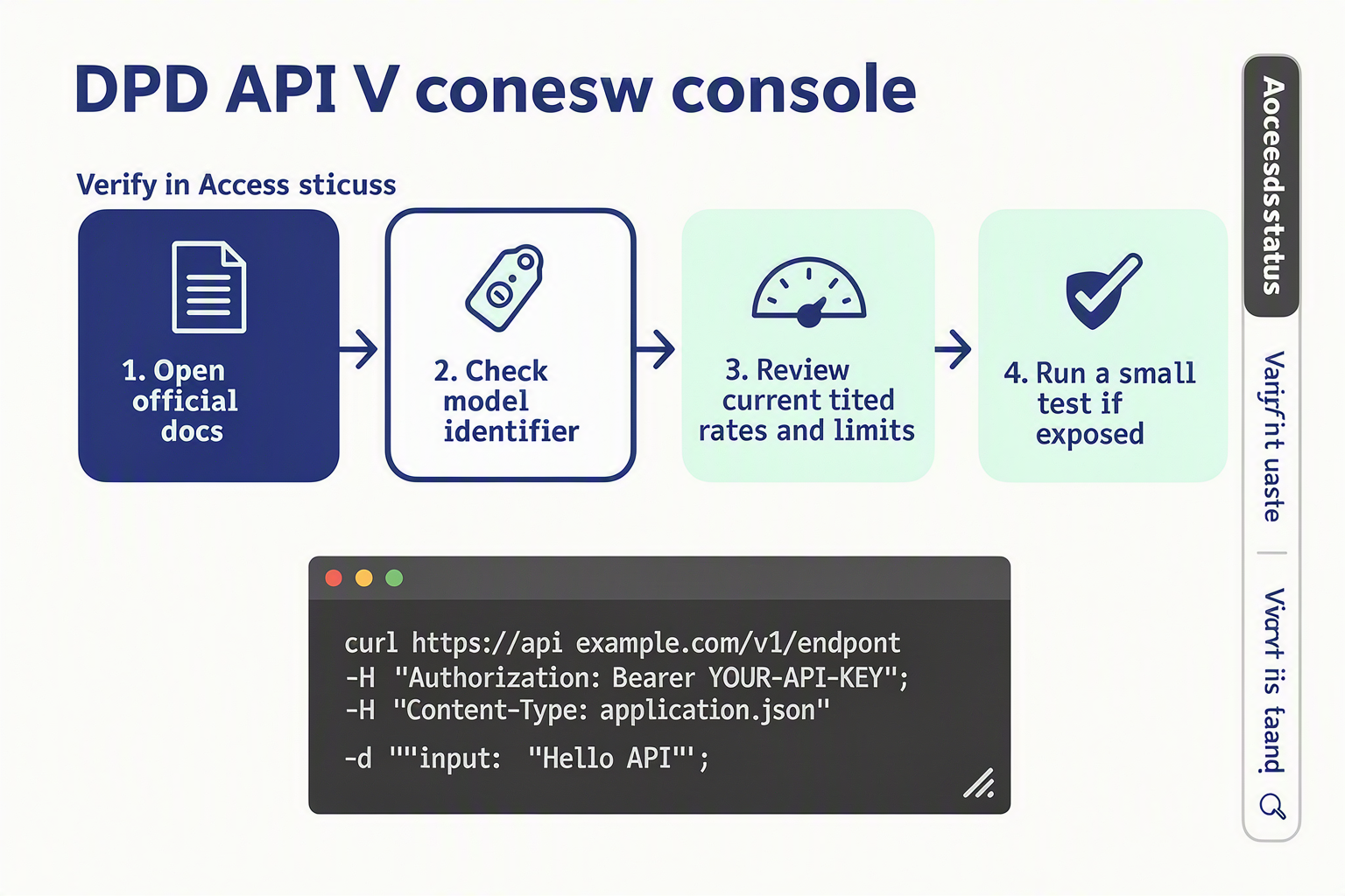 A four-step API access workflow infographic on a bright developer-tool backdrop