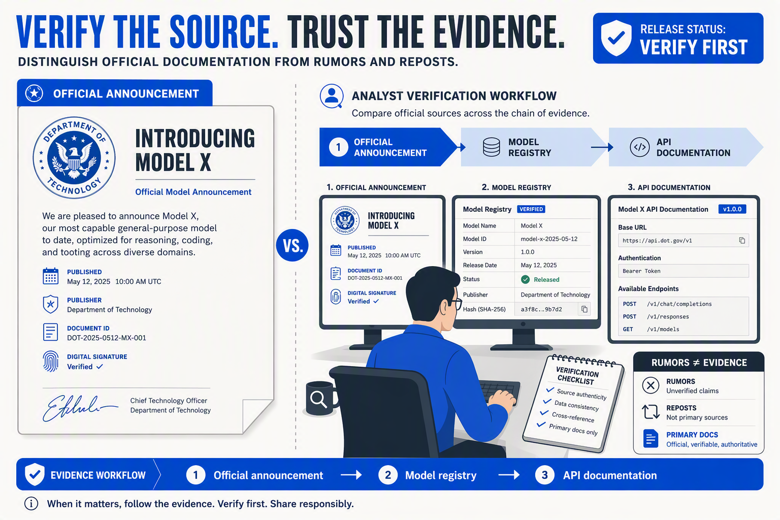 A split-screen newsroom verification scene: on the left, an official model announcement page represented by a document with