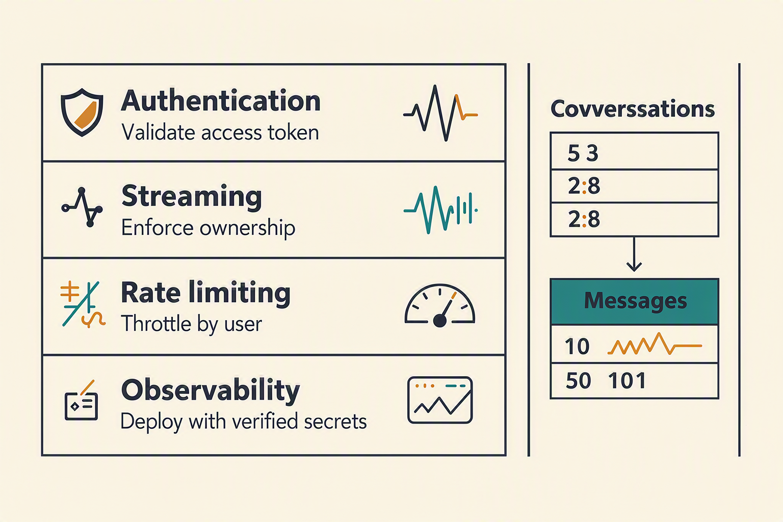 A production-readiness matrix with six clearly separated rows labeled Authentication, Persistence, Streaming, Rate limiting,