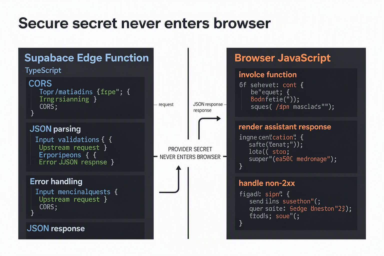 A split-screen coding infographic showing a TypeScript Supabase Edge Function on the left and browser JavaScript or
