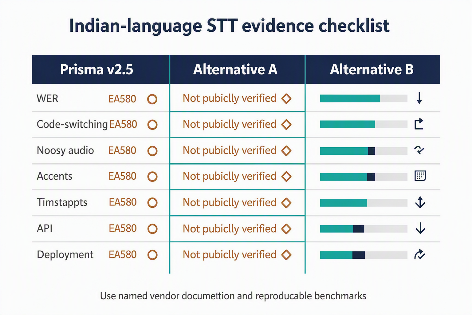 A comparison infographic titled Indian-language STT evidence checklist shows columns for Prisma v2.5, Alternative A, and