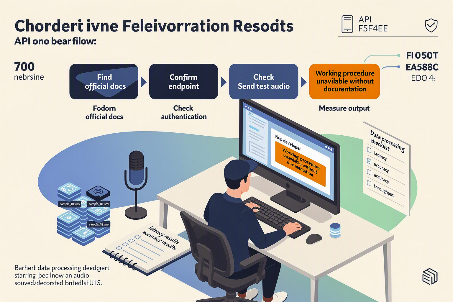 A developer at a workstation reviews an API onboarding flow displayed as five connected cards: Find official docs, Confirm