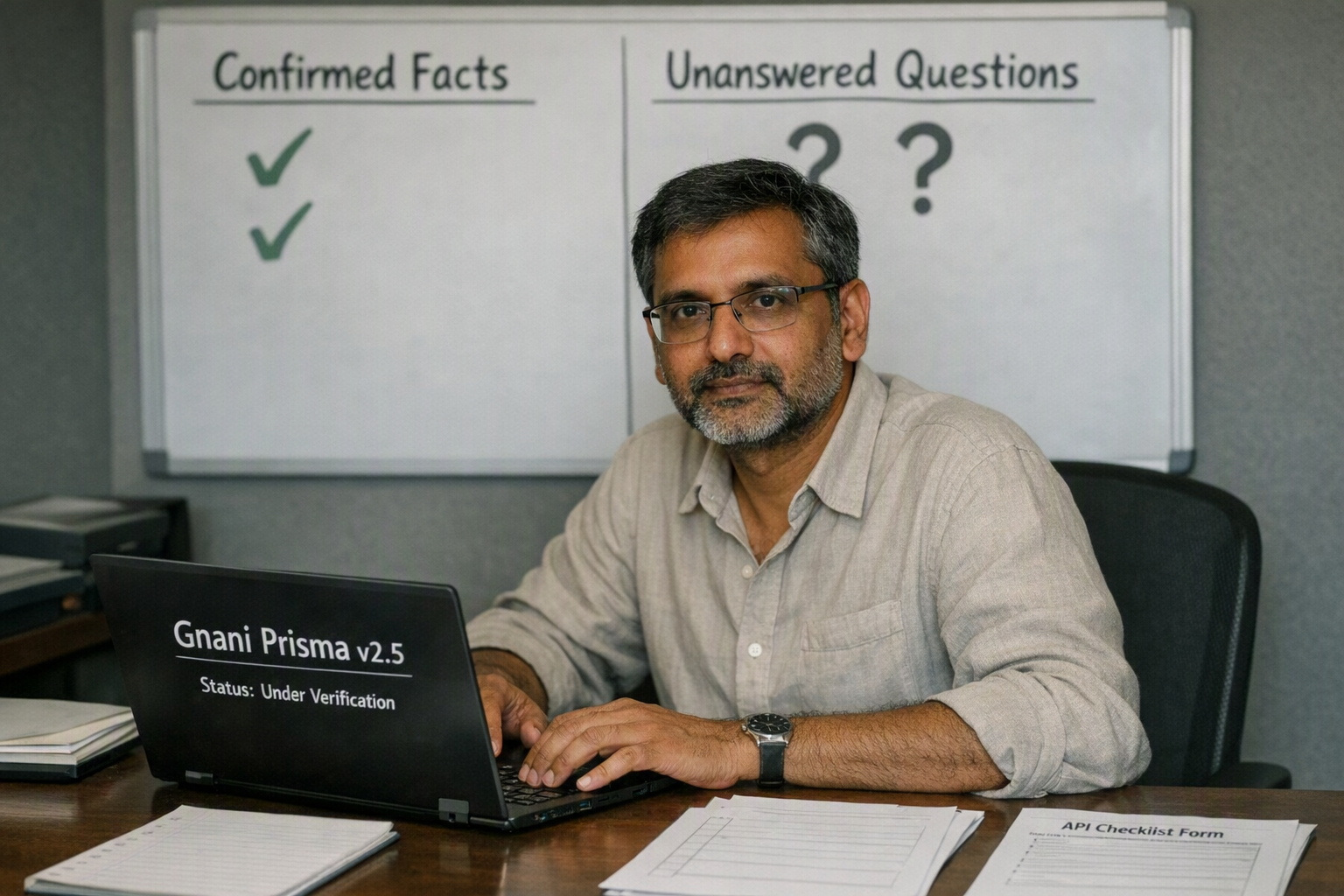 A verification editor sits at a clean desk with printed search results, a blank model card template, an API documentation