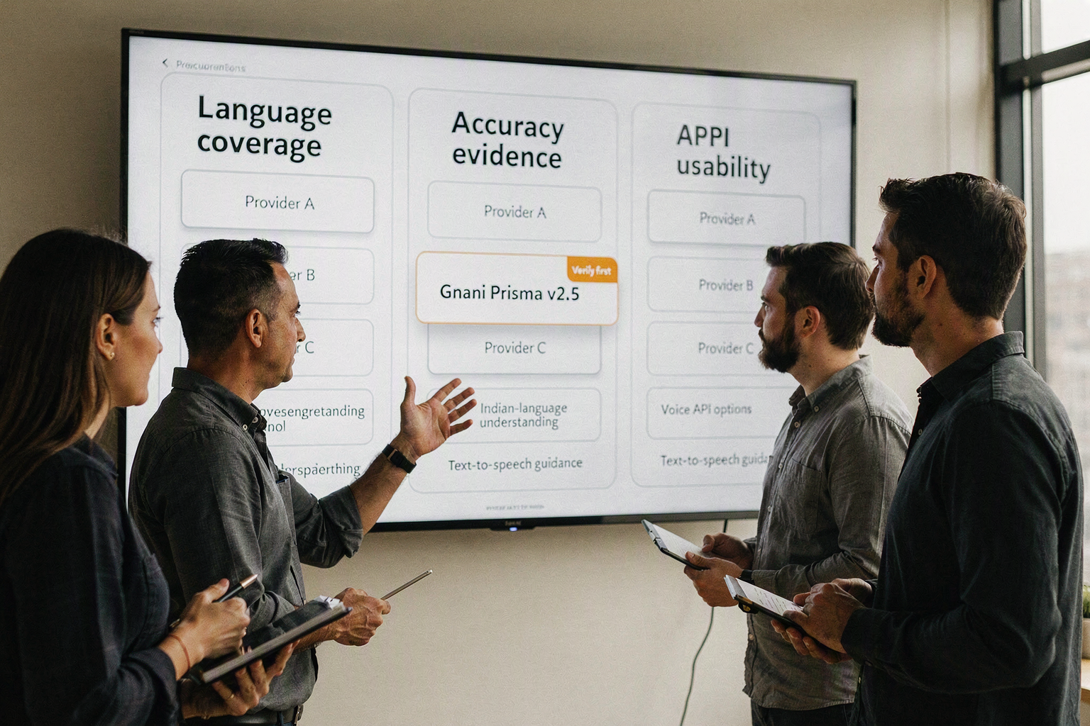 A procurement team compares voice-AI options on a large wall dashboard showing four evaluation lanes: Language coverage,