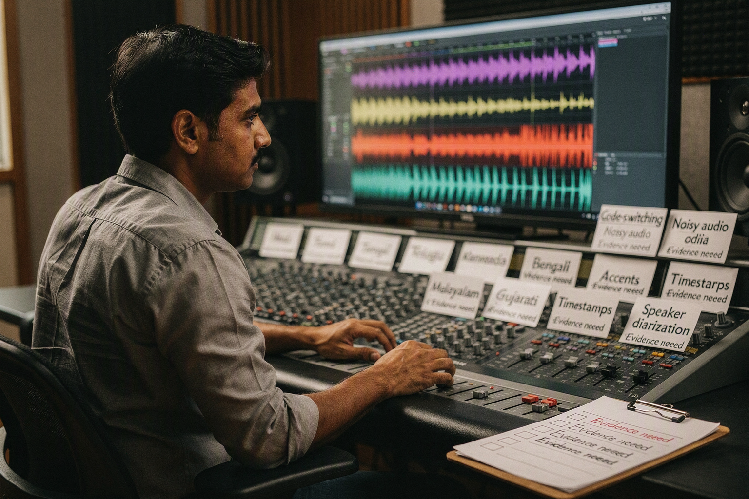 A language-testing studio shows a sound engineer reviewing separate audio tracks represented by colorful waveforms alongside