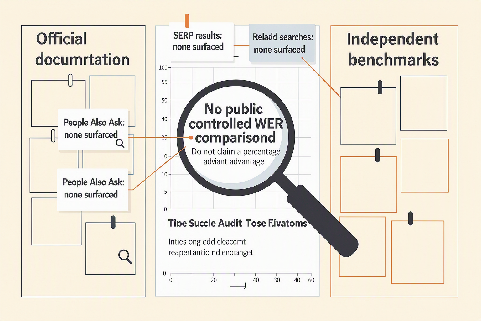 Create a research-audit infographic showing an empty evidence board split into two columns labeled Official documentation