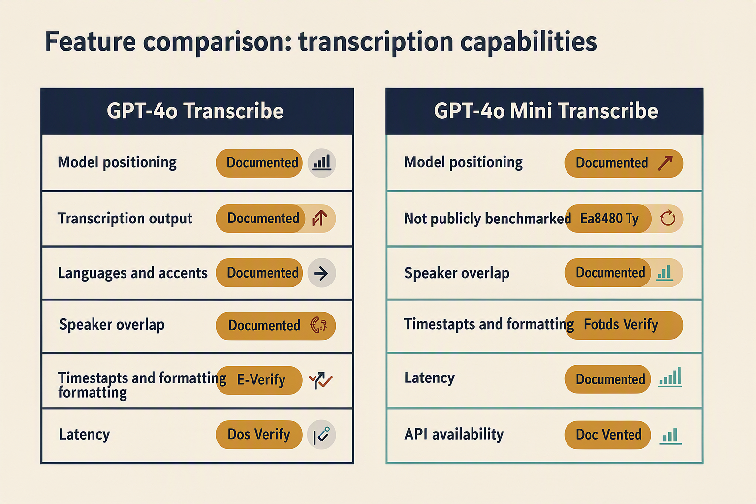 Build a precise head-to-head feature comparison infographic with two large side-by-side columns labeled GPT-4o Transcribe