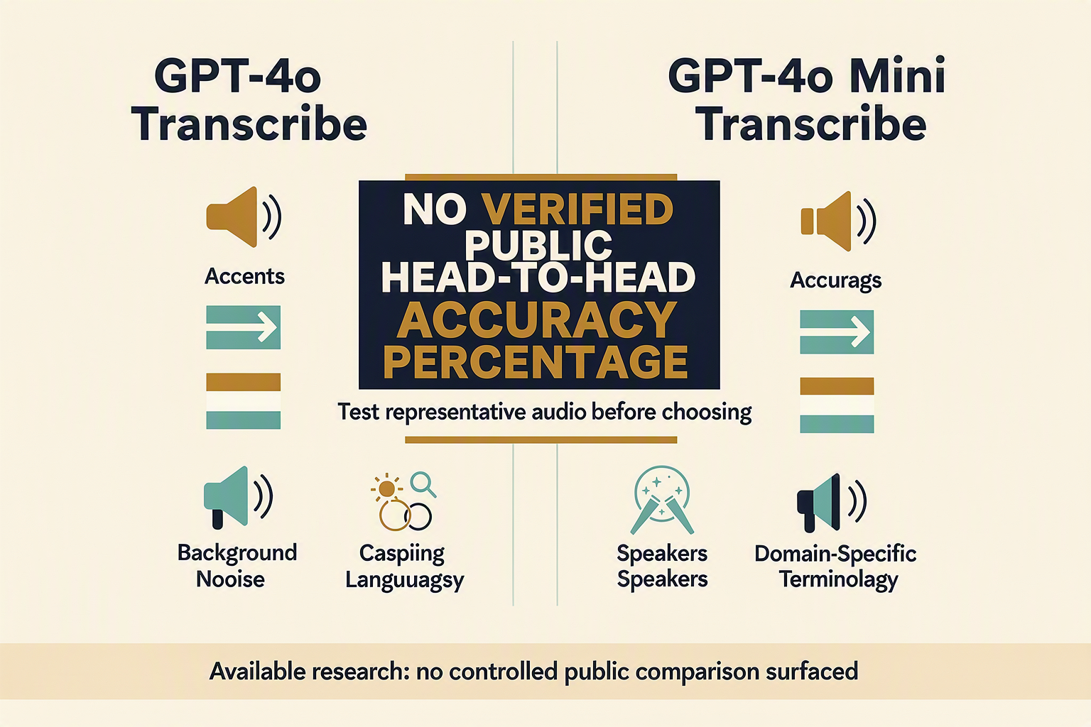 Design an evidence-first split-screen infographic with two equal columns labeled GPT-4o Transcribe and GPT-4o Mini Transcribe