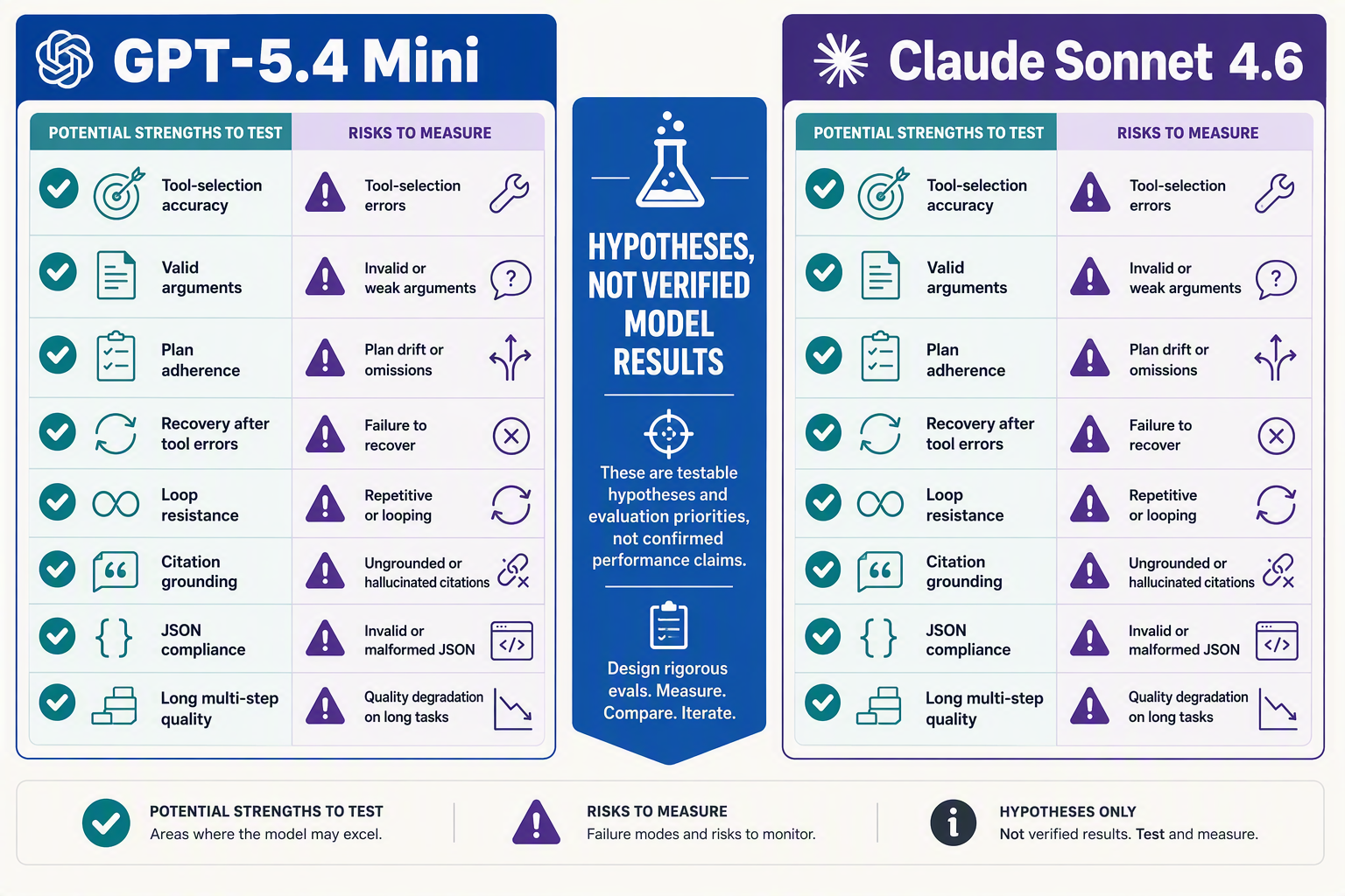 Build a balanced pros-and-cons comparison infographic with two side-by-side panels titled GPT-5.4 Mini and Claude Sonnet 4.6
