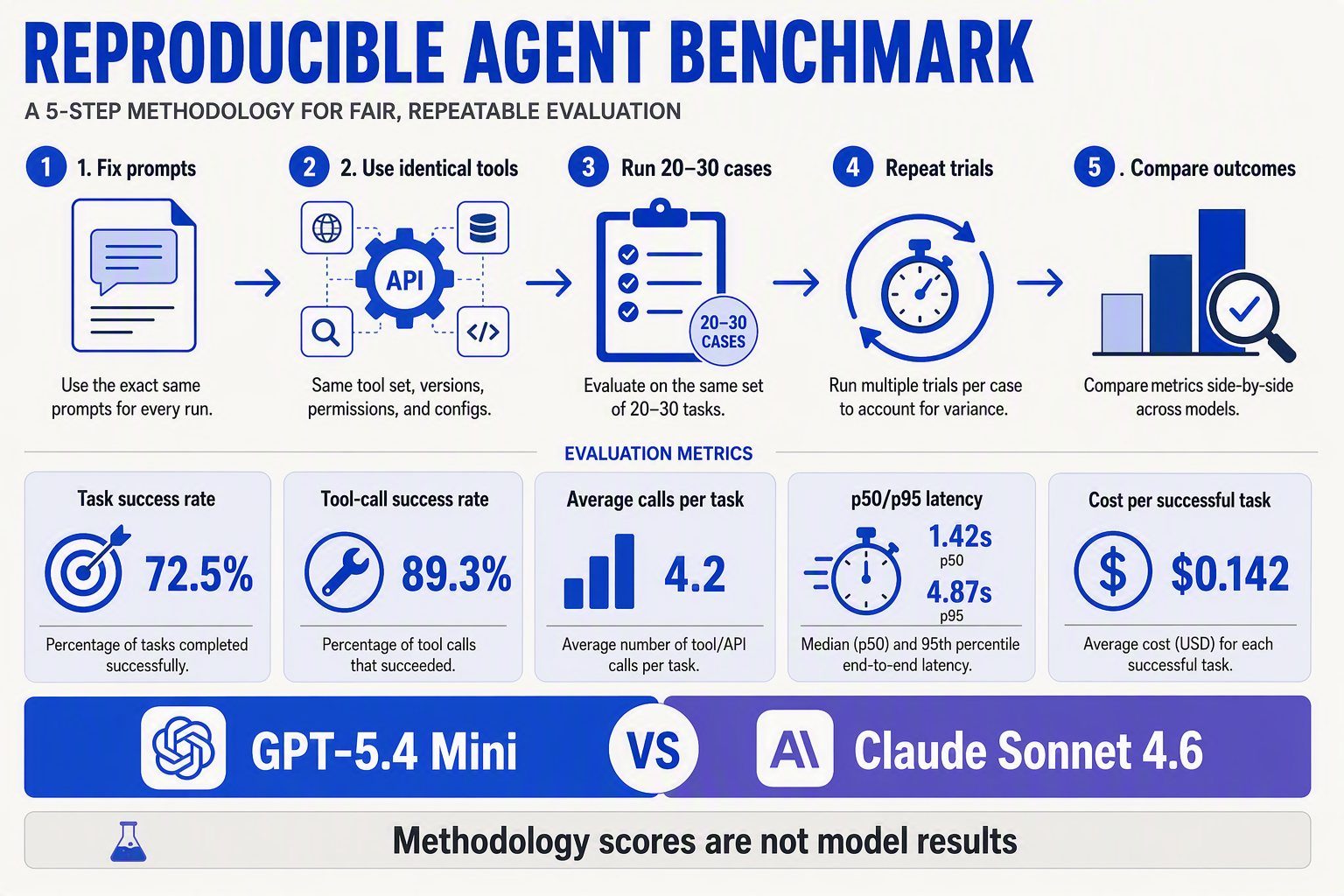 Illustrate a reproducible agent benchmark as a five-step horizontal process flow