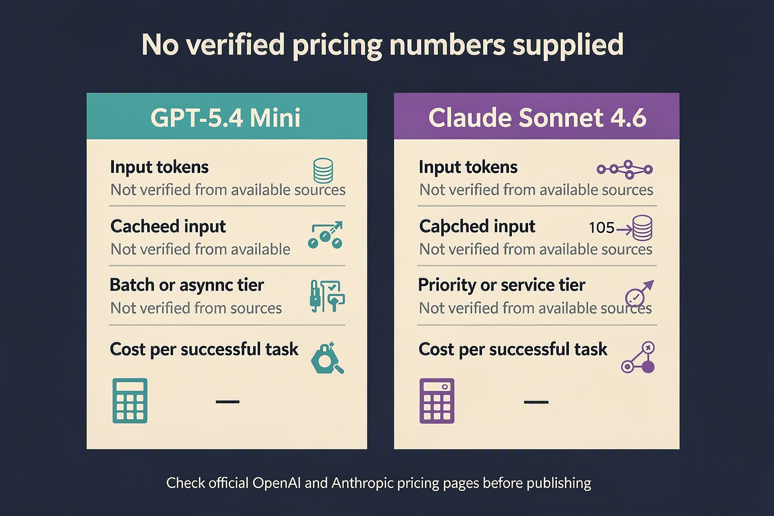 Create a head-to-head pricing infographic with two pricing cards titled GPT-5.4 Mini and Claude Sonnet 4.6