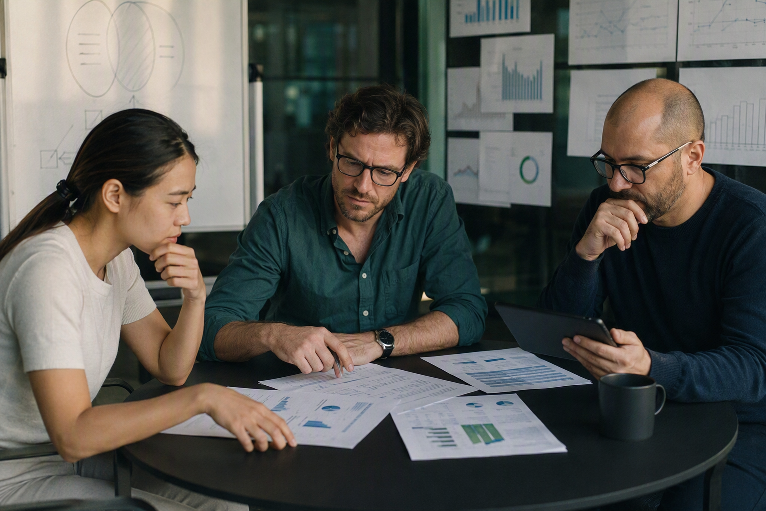 A roundtable of three software-evaluation specialists reviewing printed benchmark methodology sheets and source links in a