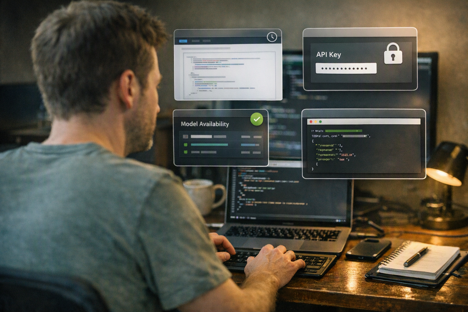 A practical API-troubleshooting scene with a developer at a workstation following a four-step verification workflow