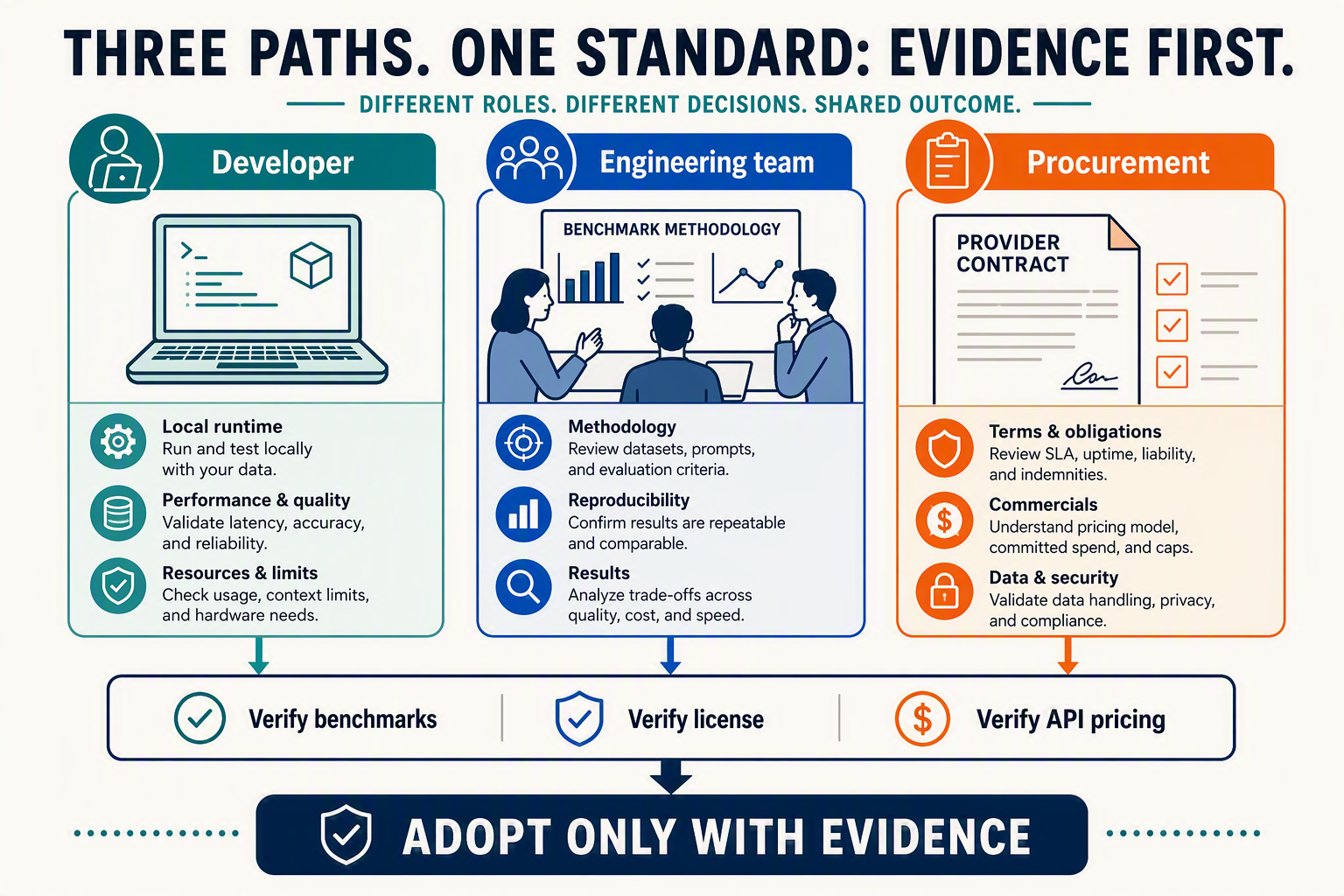 A three-lane decision infographic for an individual developer, an engineering team, and a procurement lead