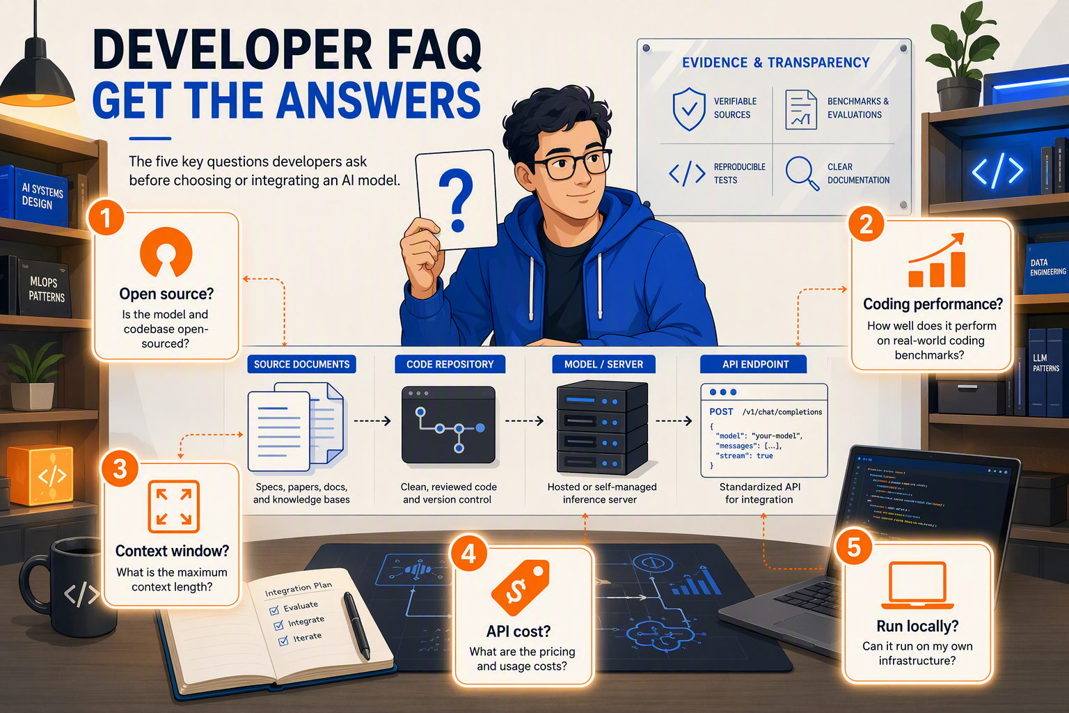 A clean editorial FAQ illustration showing a developer holding a question card beside a stack of source documents, a code