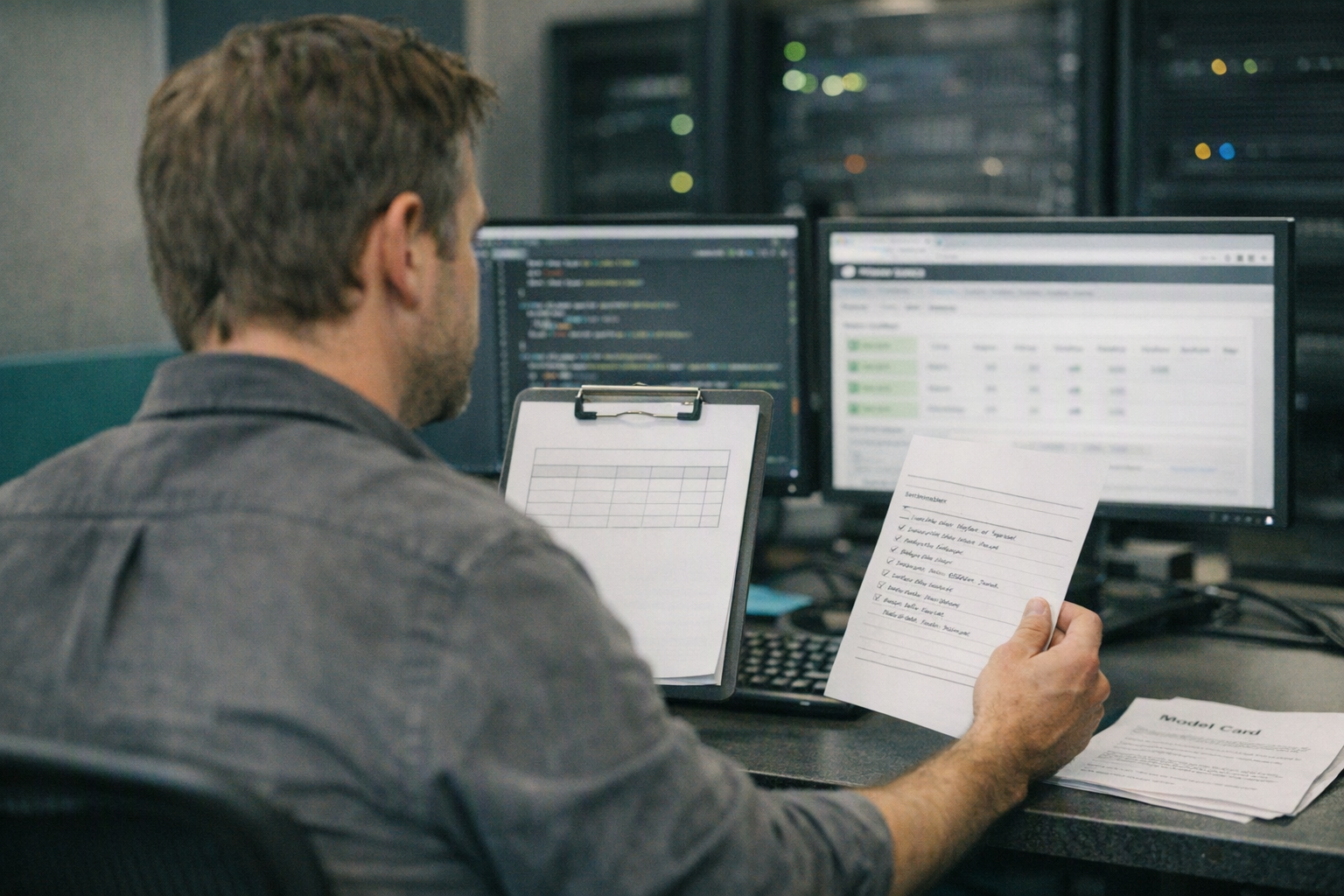 An editorial scene showing an analyst at a desk comparing an empty benchmark worksheet with official-source verification