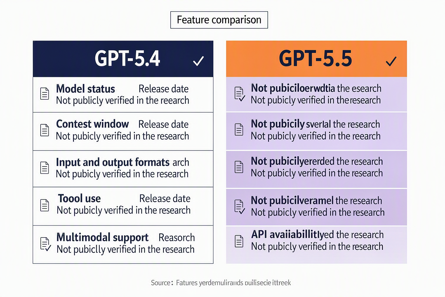 Build a detailed side-by-side feature comparison infographic with two large columns labeled “GPT-5.4” and “GPT-5.5”