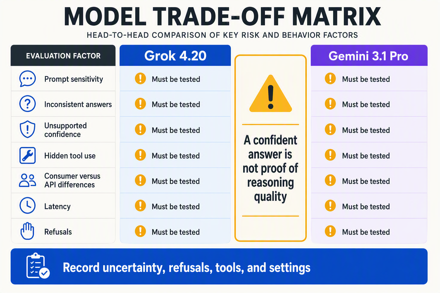 A head-to-head trade-off matrix with two columns labeled Grok 4.20 and Gemini 3.1 Pro and rows labeled Prompt sensitivity,