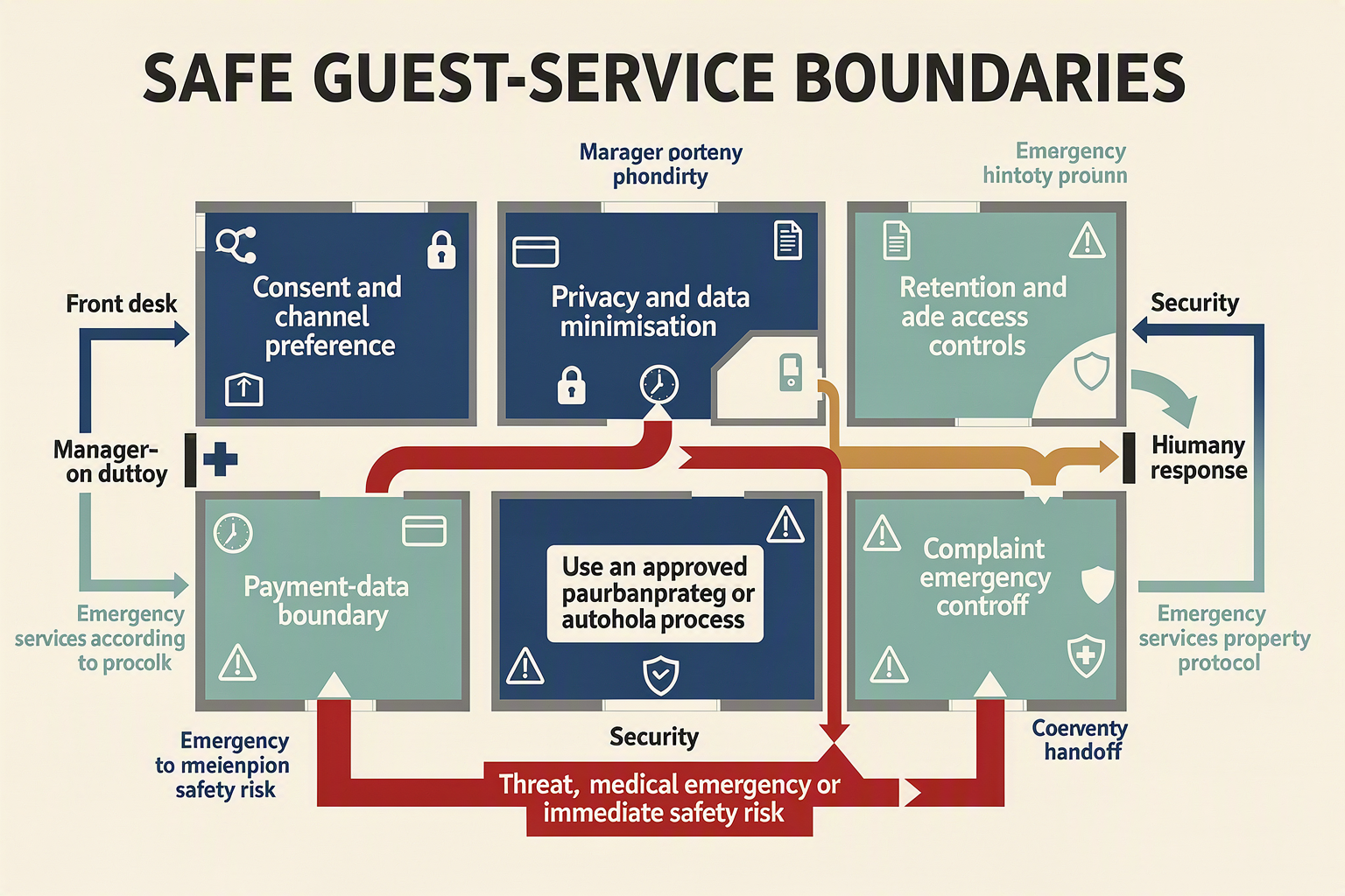 A layered risk-control infographic titled SAFE GUEST-SERVICE BOUNDARIES designed as a hotel floor plan with six secured rooms