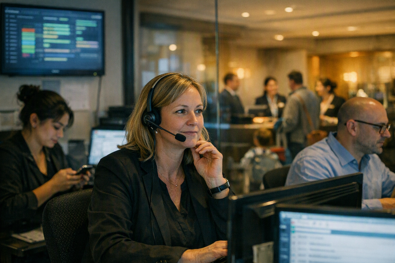 Inside a busy mid-sized city hotel operations room at dusk, a reservations manager listens to a guest call through a headset