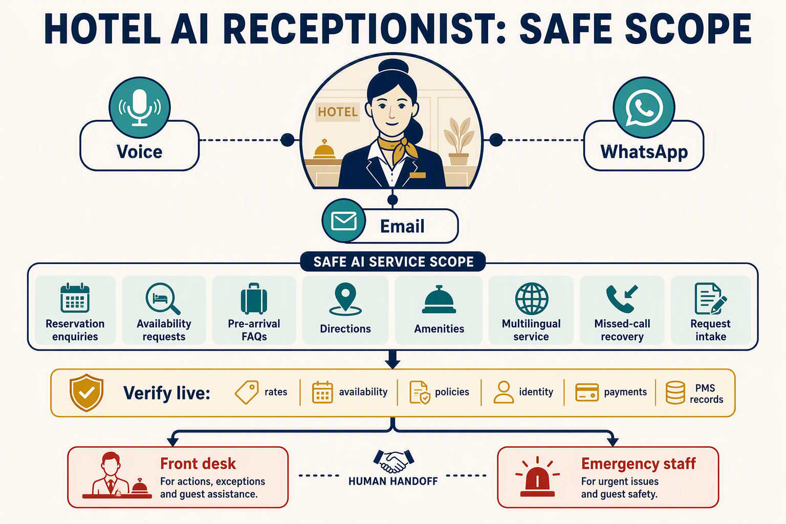 A clear hub-and-spoke infographic titled HOTEL AI RECEPTIONIST: SAFE SCOPE with a central hotel concierge icon connected to