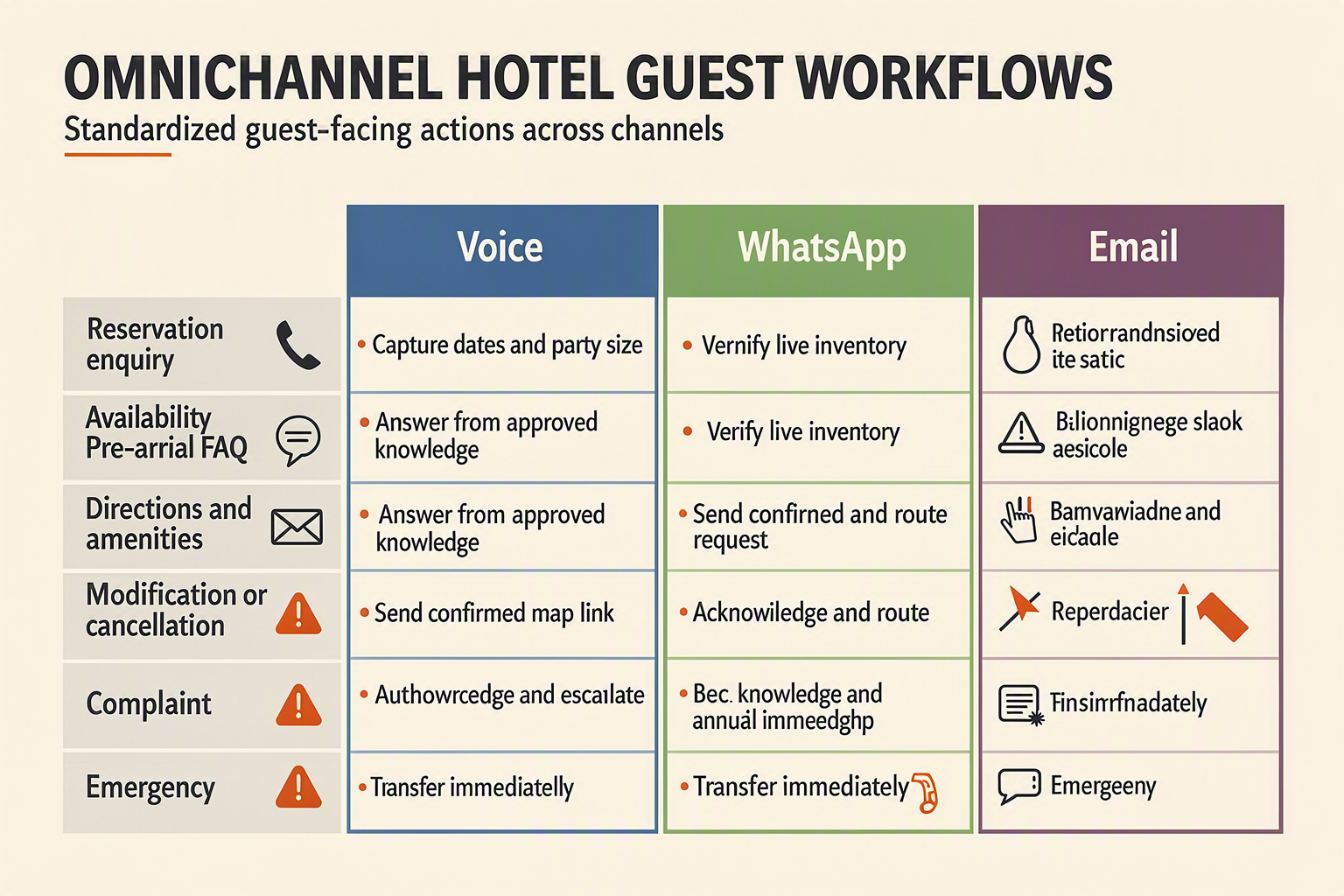 A three-lane workflow-table infographic titled OMNICHANNEL HOTEL GUEST WORKFLOWS with lanes labelled Voice, WhatsApp and