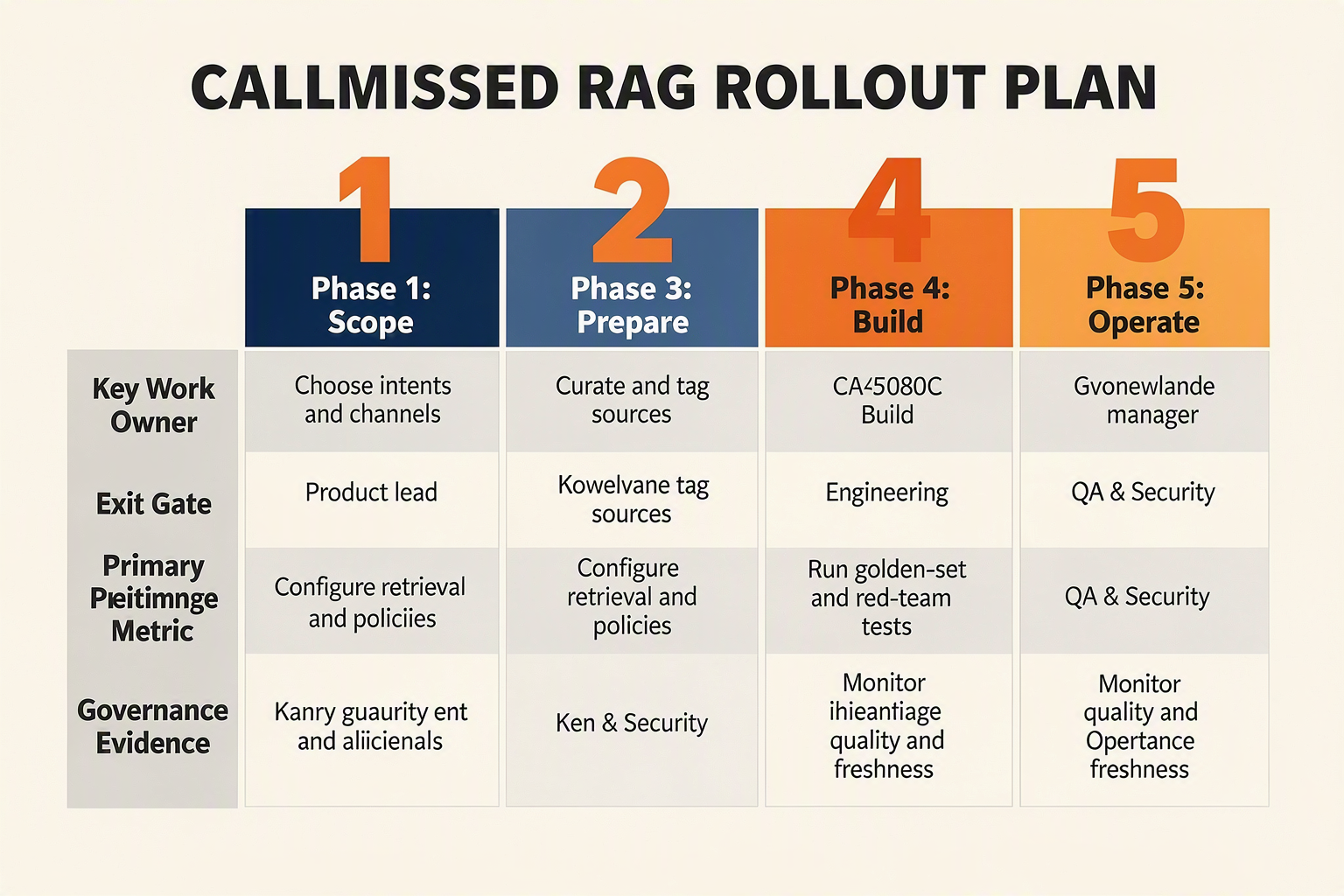 CALLMISSED RAG ROLLOUT PLAN शीर्षक वाला, पाँच-स्तंभ वाली तालिका के रूप में डिज़ाइन किया गया चरणबद्ध कार्यान्वयन-रोडमैप इन्फ़ोग्राफ़िक