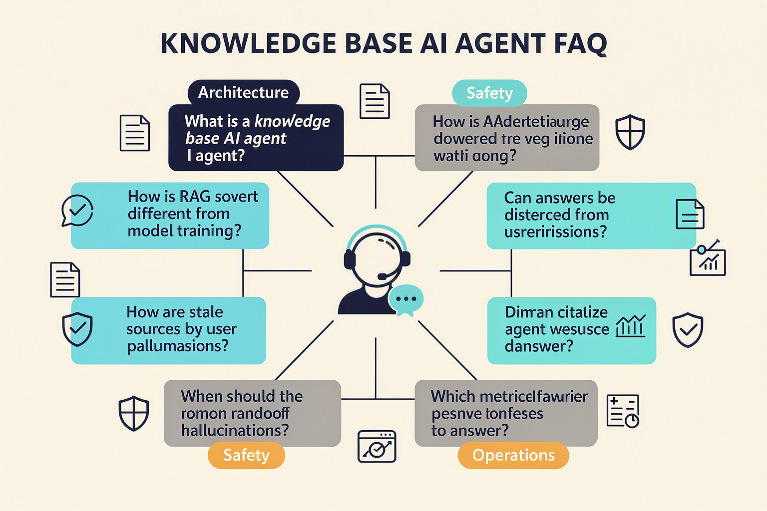 KNOWLEDGE BASE AI AGENT FAQ शीर्षक वाला एक साफ-सुथरा FAQ नॉलेज-मैप इन्फोग्राफिक, जिसके चारों ओर आठ जुड़े हुए प्रश्न कार्ड व्यवस्थित हैं