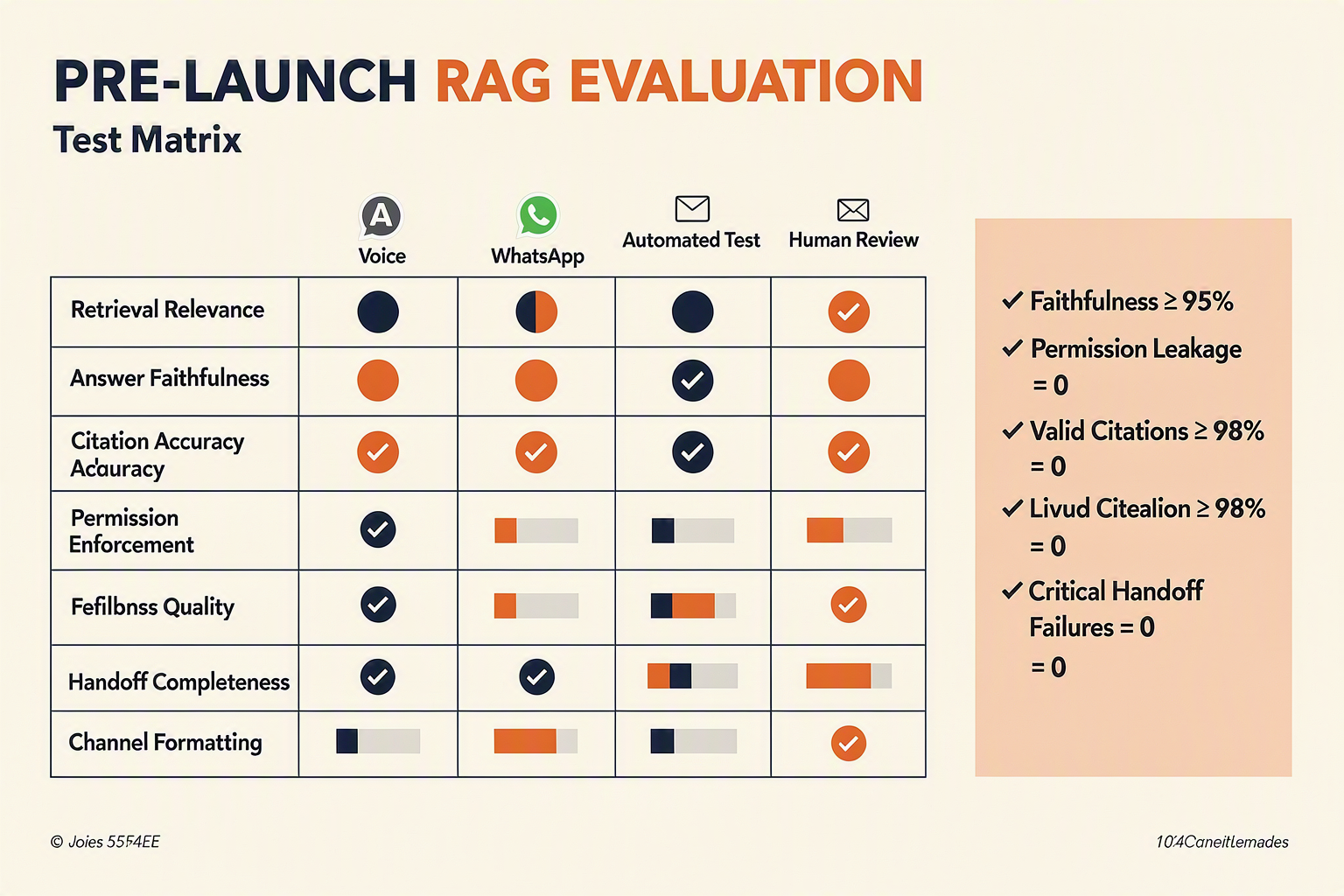 PRE-LAUNCH RAG EVALUATION शीर्षक वाला एक व्यापक परीक्षण-मैट्रिक्स इन्फोग्राफिक, जिसमें Retrieval Relevance, Answer नामक पंक्तियां हैं