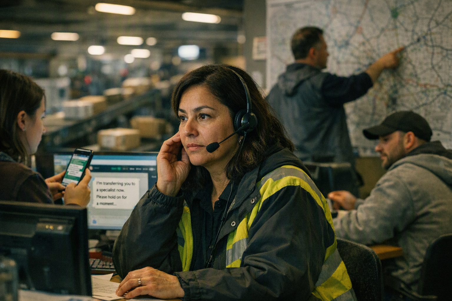 Inside a regional parcel depot during the evening delivery peak, a multilingual customer-service supervisor listens to an