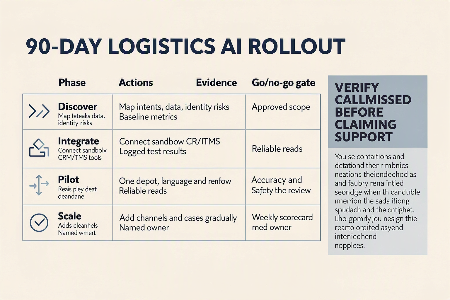 A rollout checklist table titled 90-DAY LOGISTICS AI ROLLOUT with columns Phase, Actions, Evidence, and Go/no-go gate