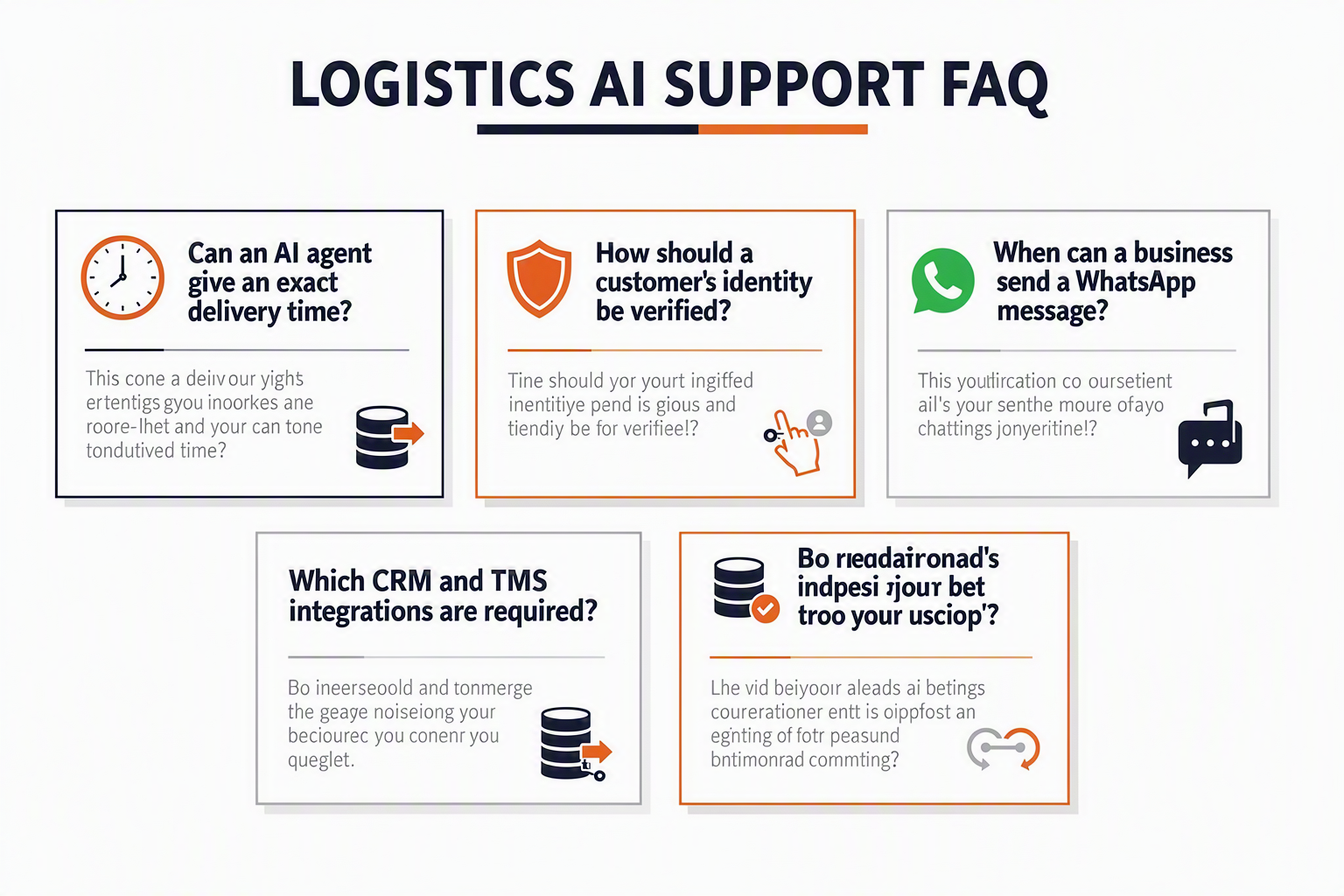 A structured FAQ infographic titled LOGISTICS AI SUPPORT FAQ containing six clearly separated question cards with exact