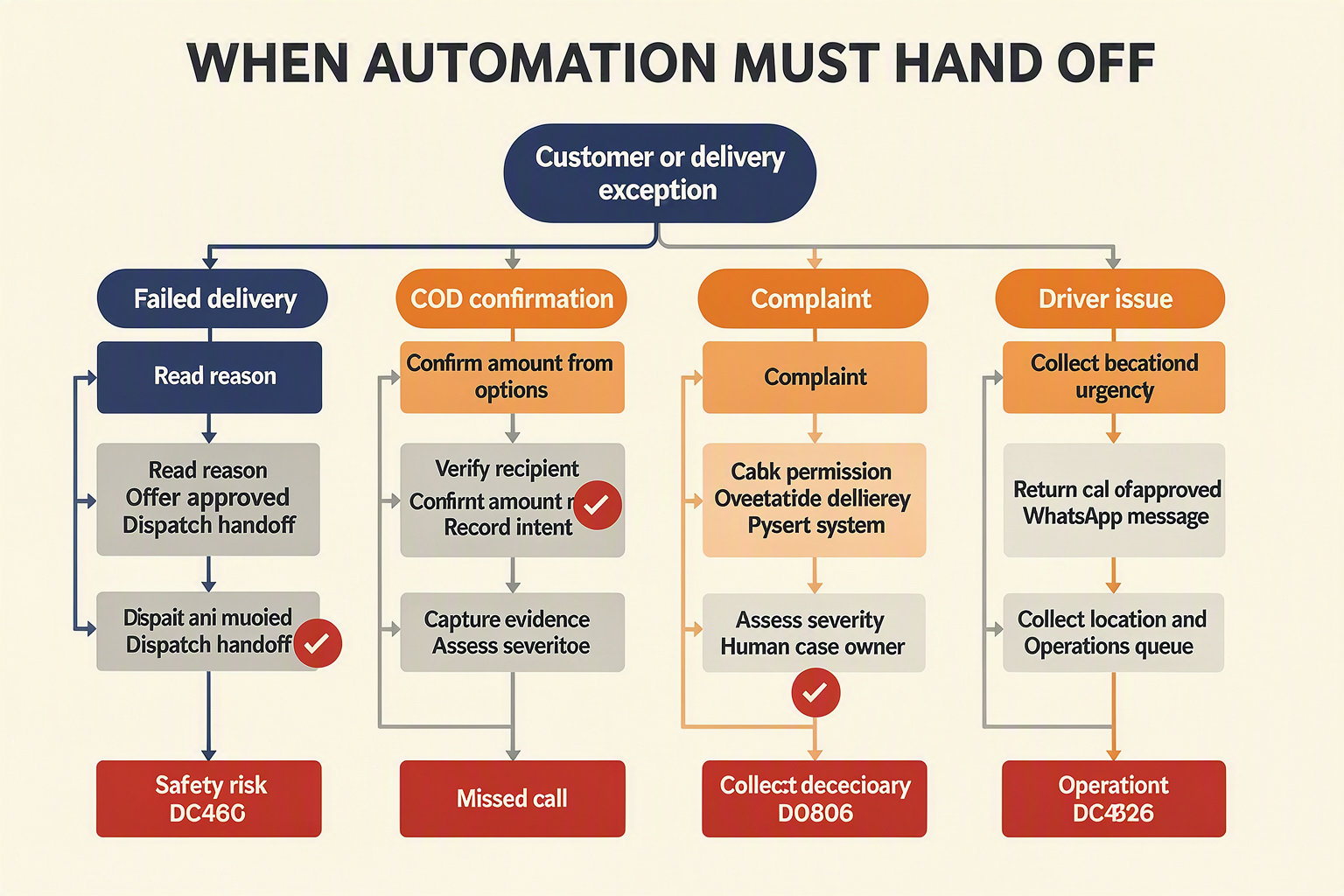 A branching exception-management decision tree titled WHEN AUTOMATION MUST HAND OFF beginning with Customer or delivery