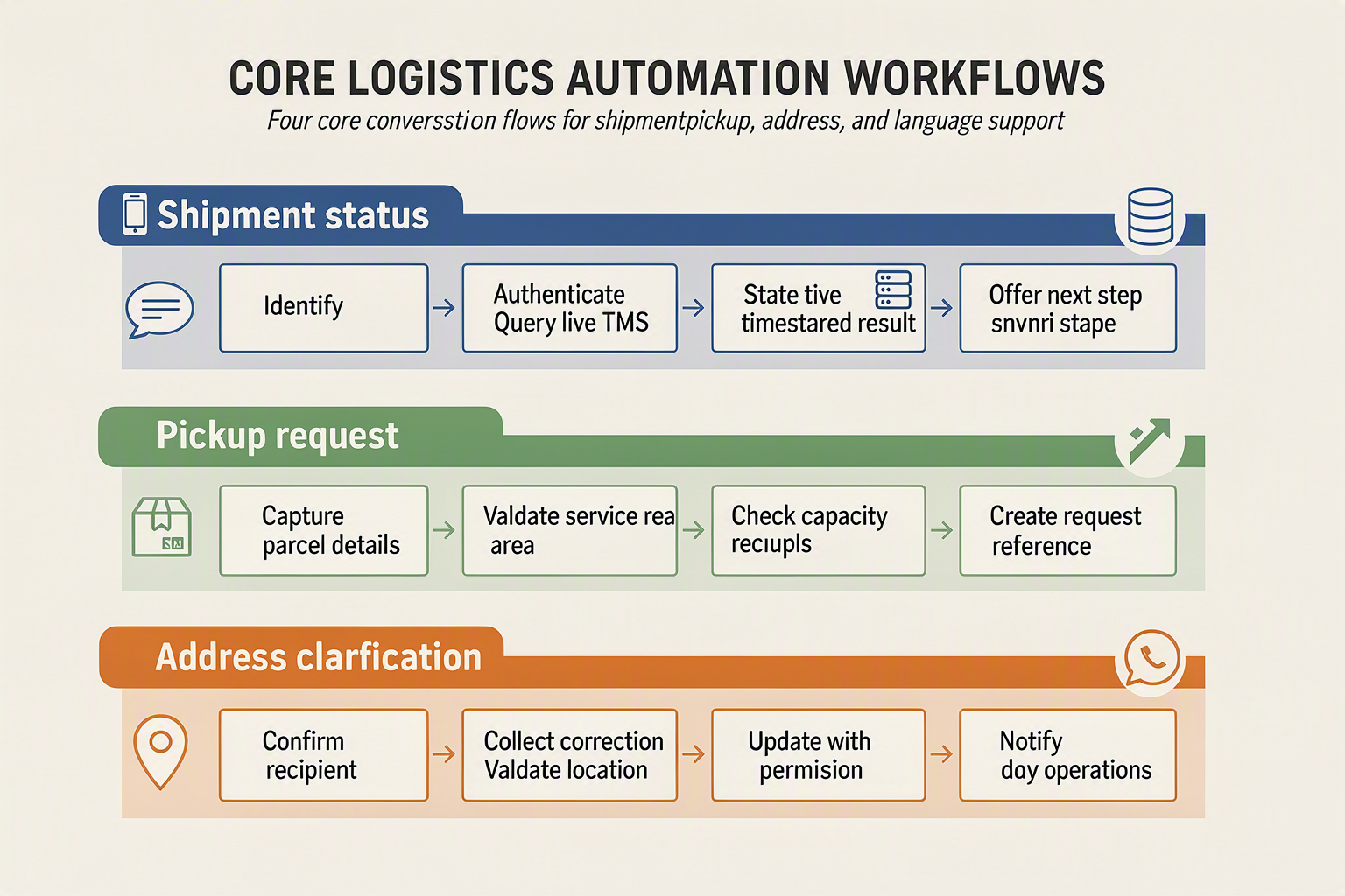 A four-lane workflow infographic titled CORE LOGISTICS AUTOMATION WORKFLOWS