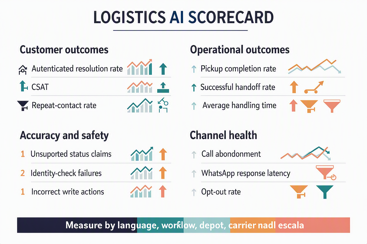 An operations analytics dashboard infographic titled LOGISTICS AI SCORECARD divided into four balanced quadrants