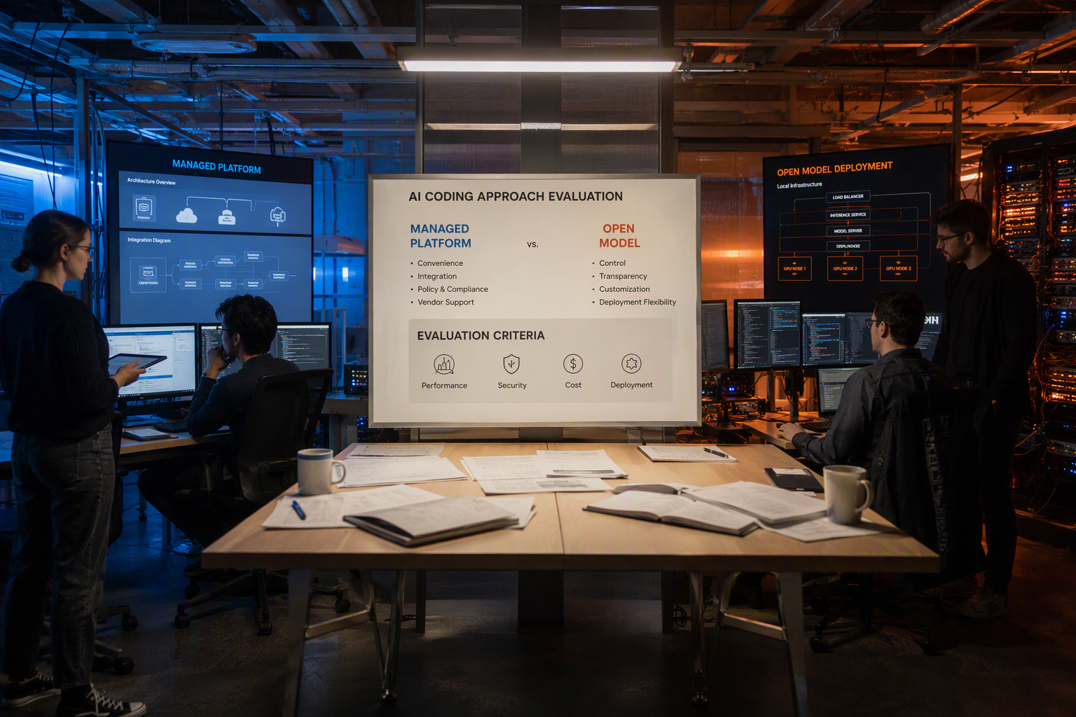 Two developer teams evaluate contrasting AI coding approaches in a split but connected engineering lab