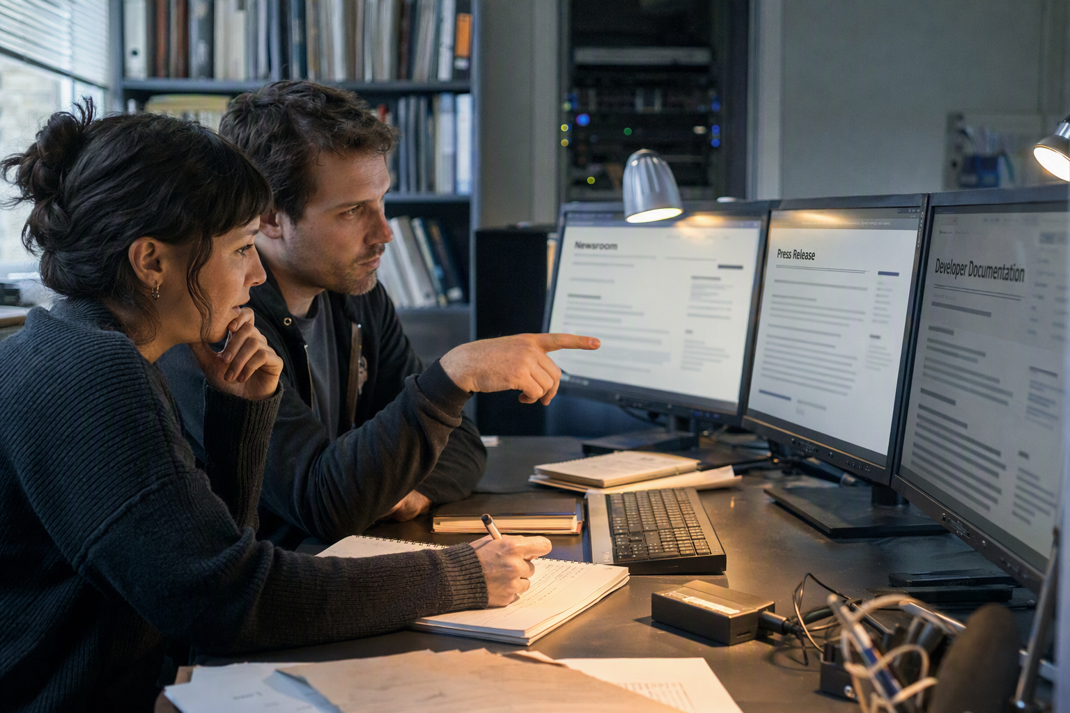An investigative technology journalist and a developer sit side by side in a quiet digital archive, reviewing an official