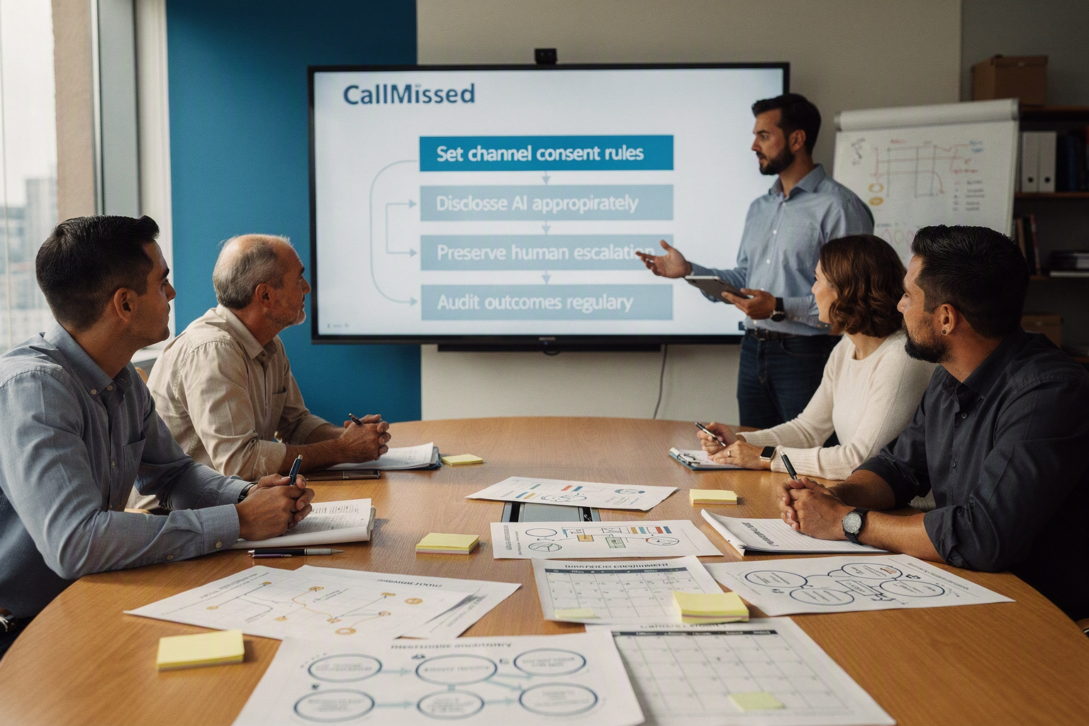 A collaborative workshop scene in a bright strategy room where a contact-center leader, CRM architect, compliance