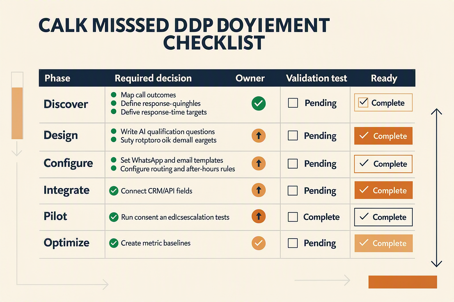A deployment-readiness matrix infographic titled CALLMISSED DEPLOYMENT CHECKLIST