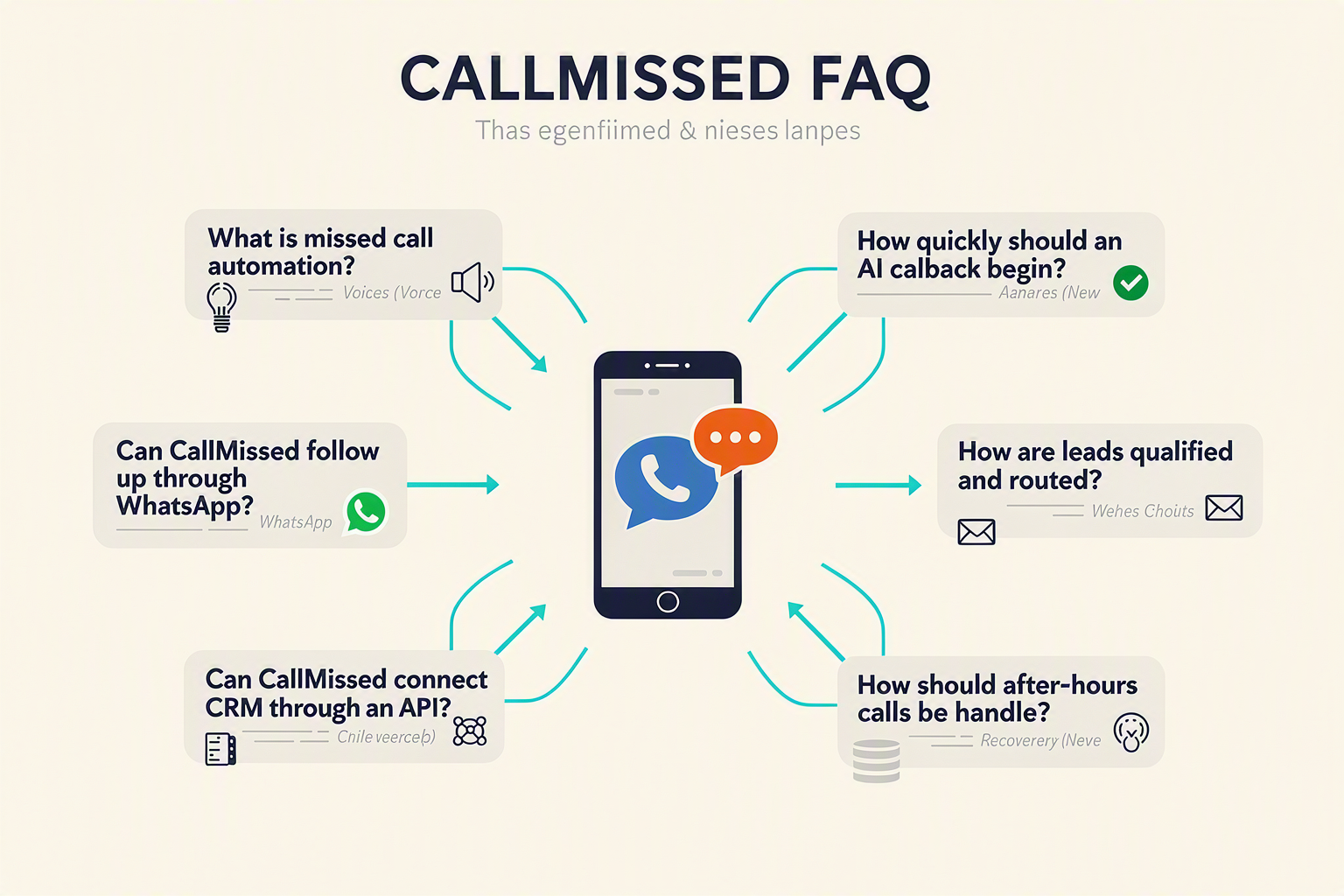 A clean FAQ knowledge-map infographic titled CALLMISSED FAQ with seven connected question cards surrounding a central
