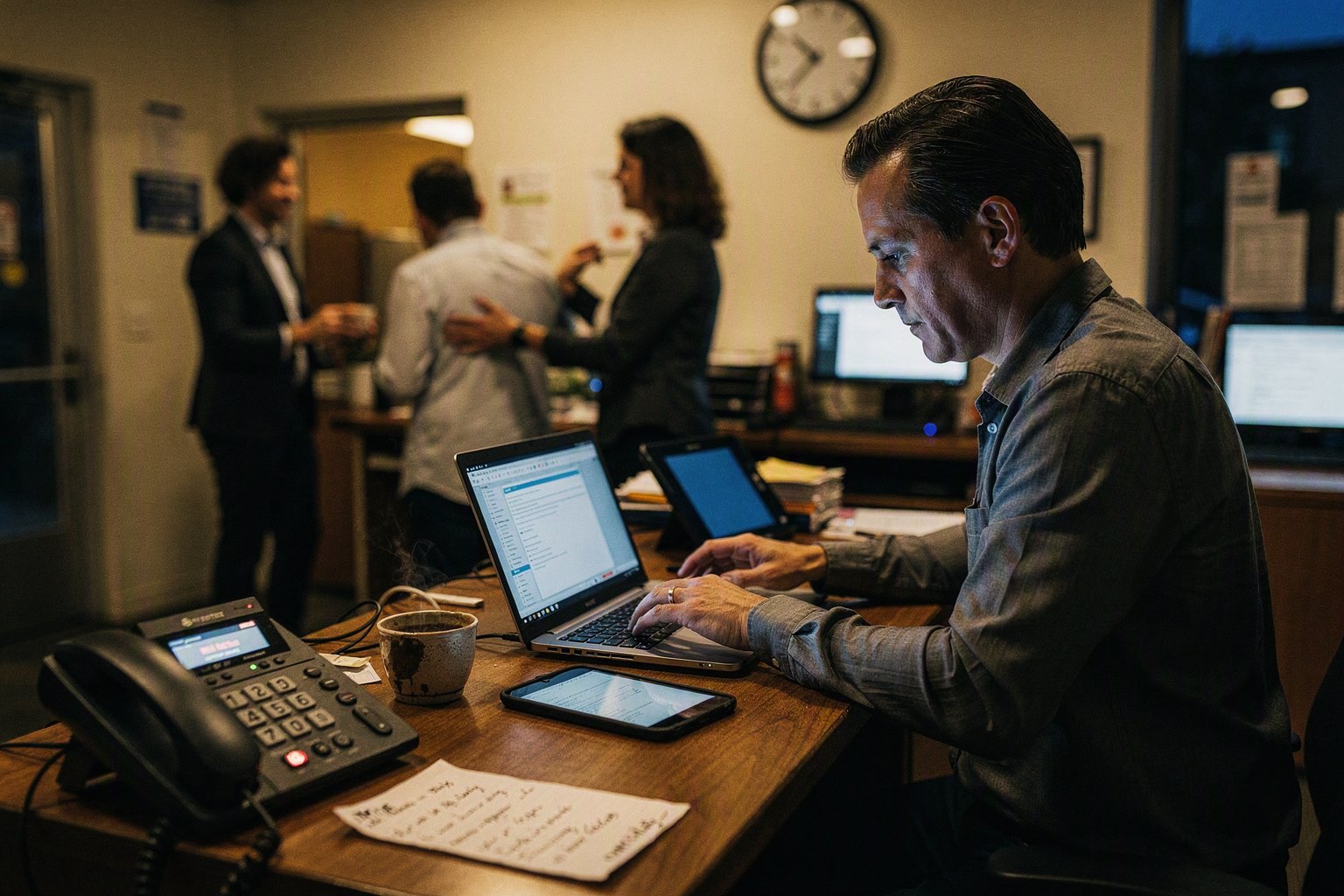 An evening scene inside a busy multi-location service business, with an unattended desk phone glowing in the foreground