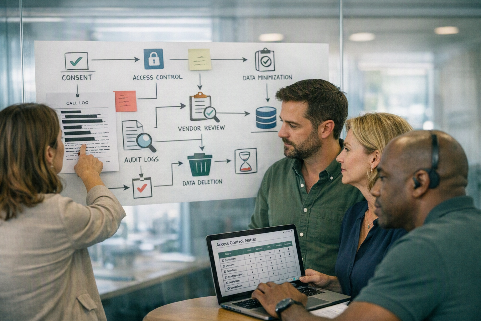 A cross-functional governance workshop in a bright conference room where a privacy counsel, security engineer,