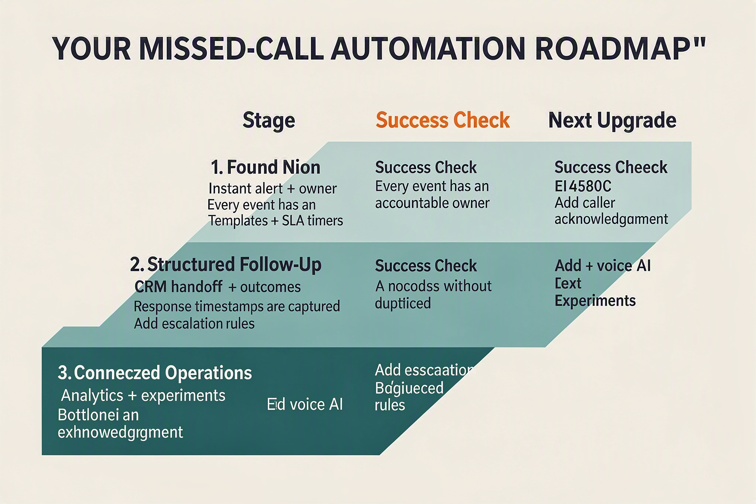 A practical maturity-model table infographic titled YOUR MISSED-CALL AUTOMATION ROADMAP with columns labeled exactly Stage,