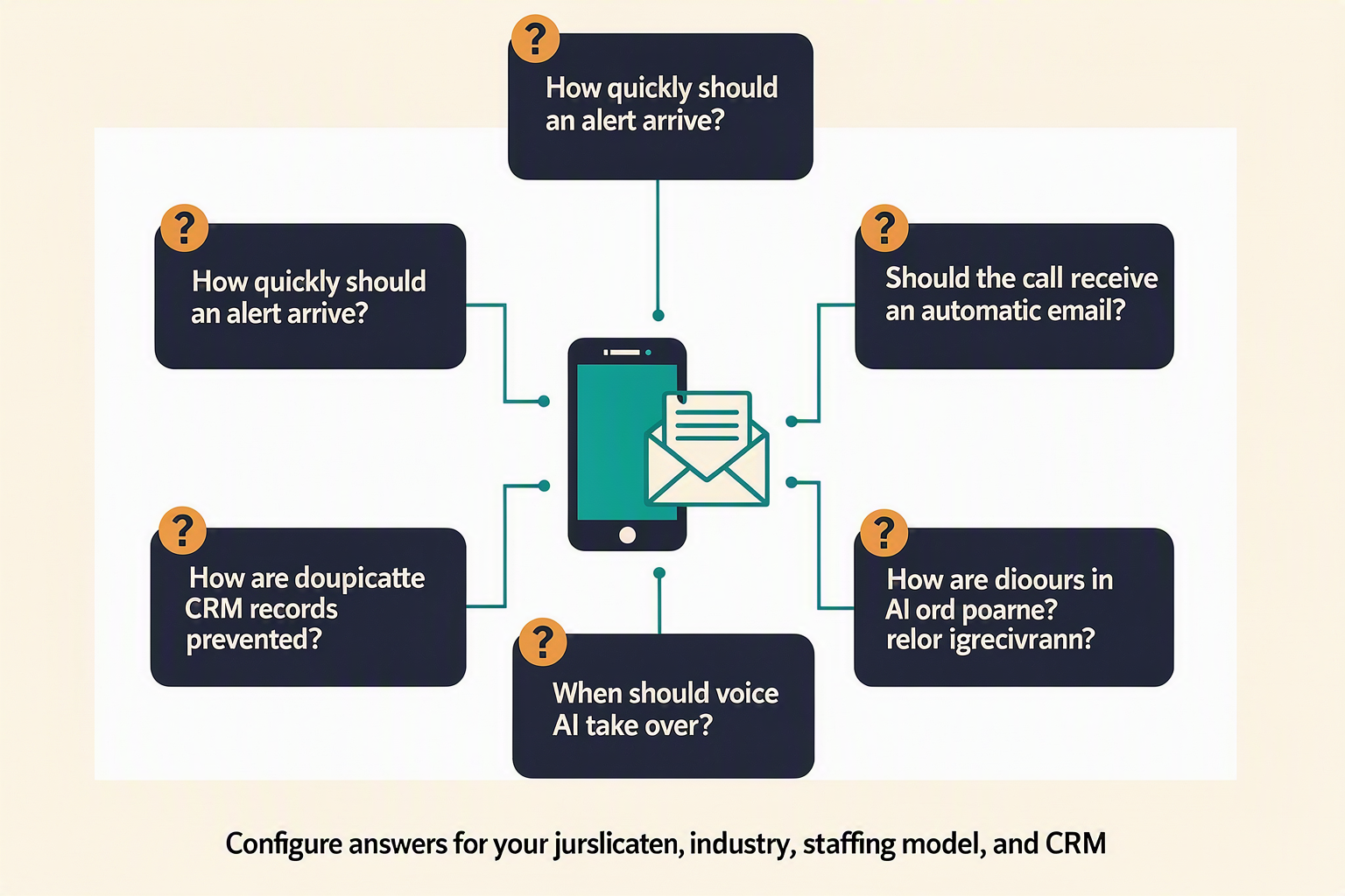 A structured FAQ infographic titled MISSED-CALL WORKFLOW FAQ arranged as six connected question cards around a central