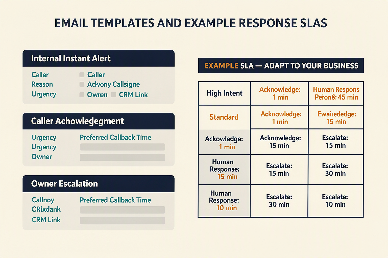 A two-part operational infographic titled EMAIL TEMPLATES AND EXAMPLE RESPONSE SLAS